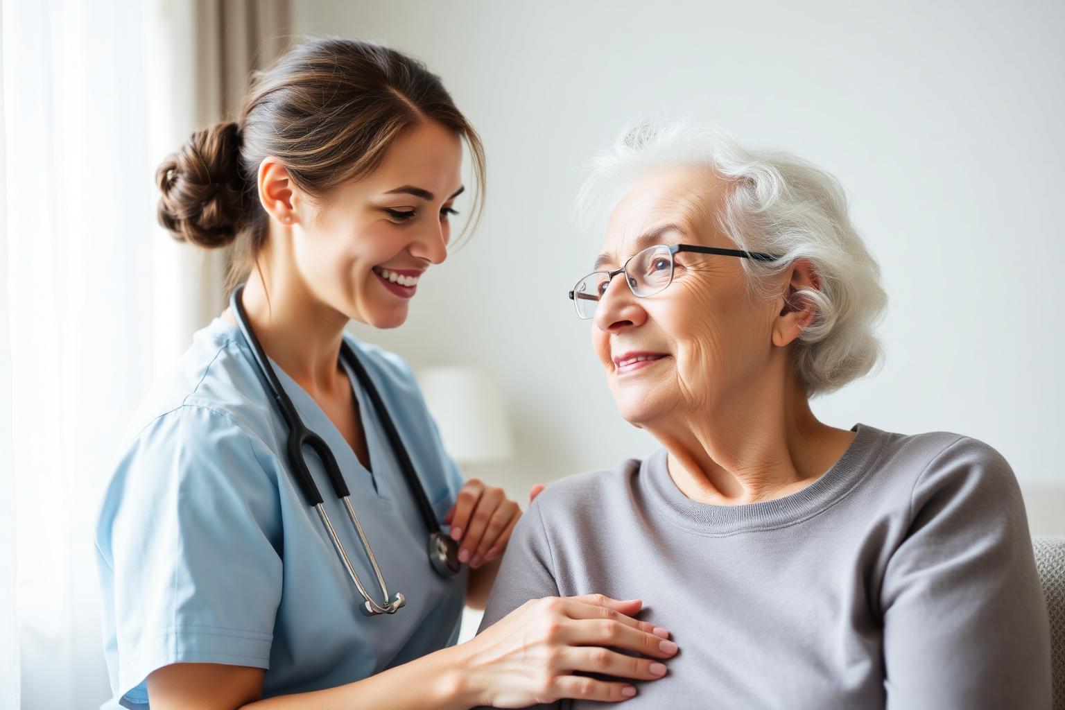 Nurse caring for elderly patient at home